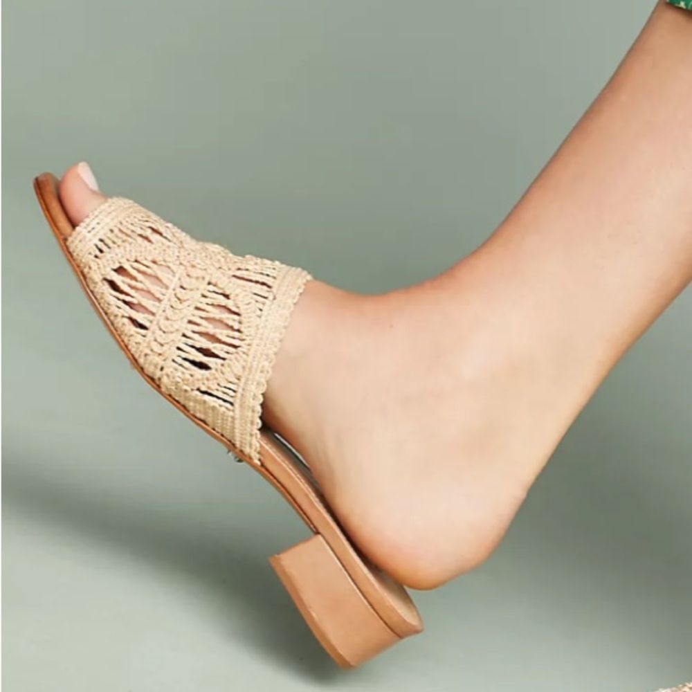 Schutz Nahara Cru Woven Slides Sandals Beige Woven Crochet Anthropologie Sz 10 - Picture 5 of 12